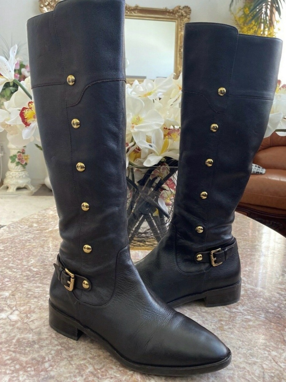Michael Kors Brown Knee-High Leather Riding Boots with Gold Accents